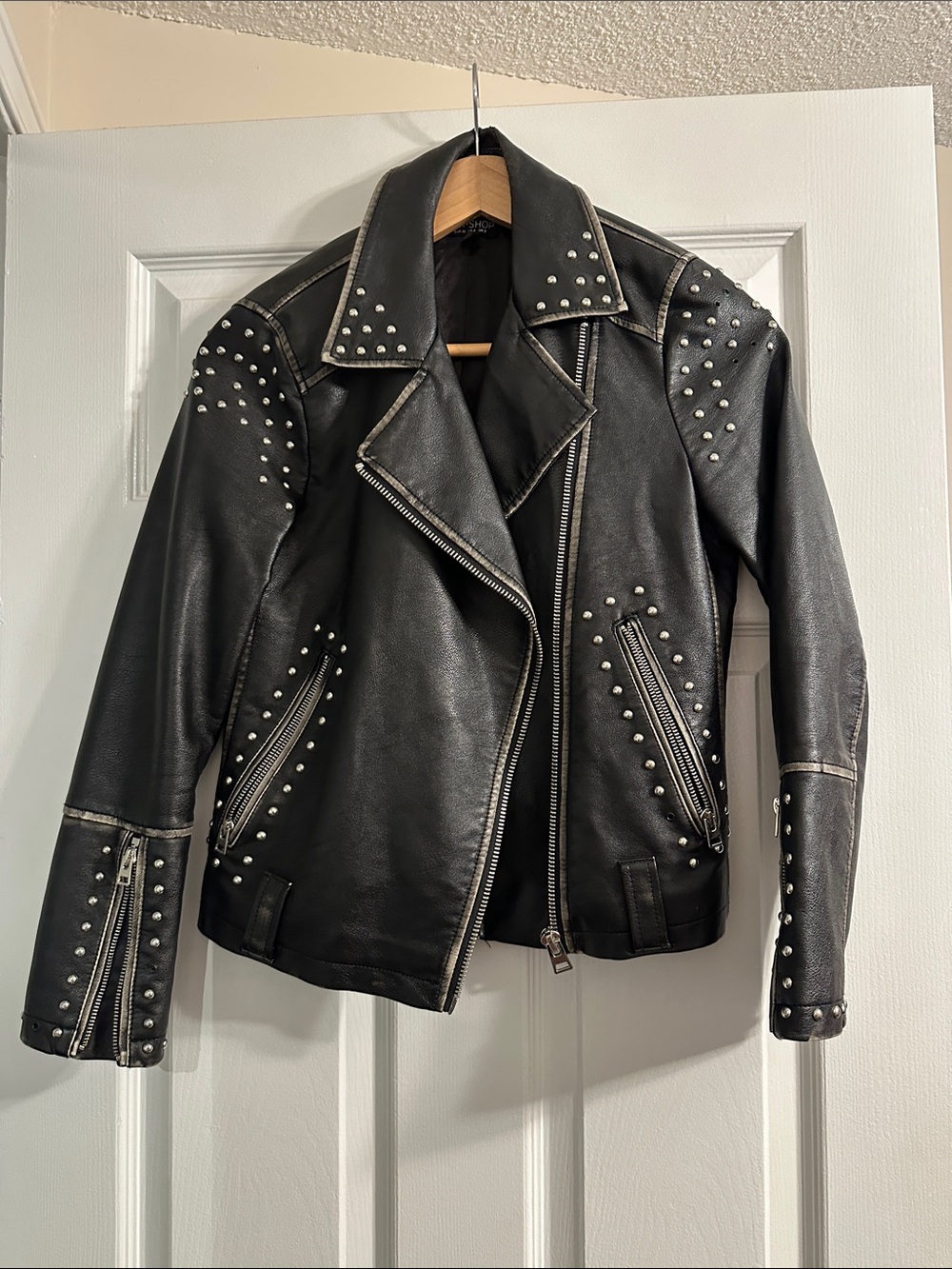Topshop Black Studded Artificial Leather Biker Jacket